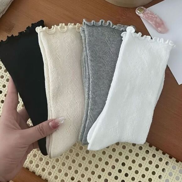 4 Pairs Solid Frill Trim Soft Mid Tube Socks - Picture 1 of 7